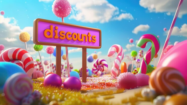 Foto signo 3d con descuentos hechos de caramelos y dulces como piruletas, goma de mascar y bastones de caramelo