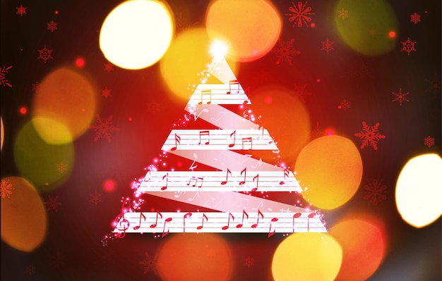Signo de árbol de Navidad hecho de notas musicales sobre fondo borroso