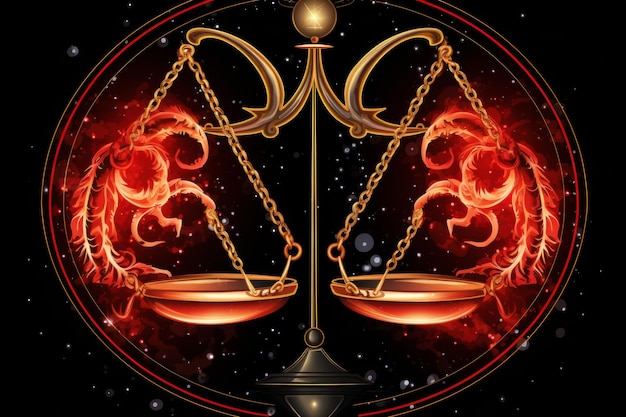 Foto signo astrológico del zodiaco libra brillando en rojo aislado sobre un fondo negro en estilo vectorial