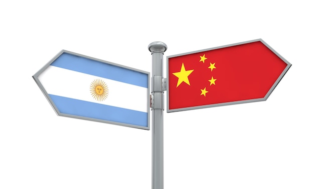 Signo de bandera de China y Argentina moviéndose en diferentes direcciones 3D Rendering