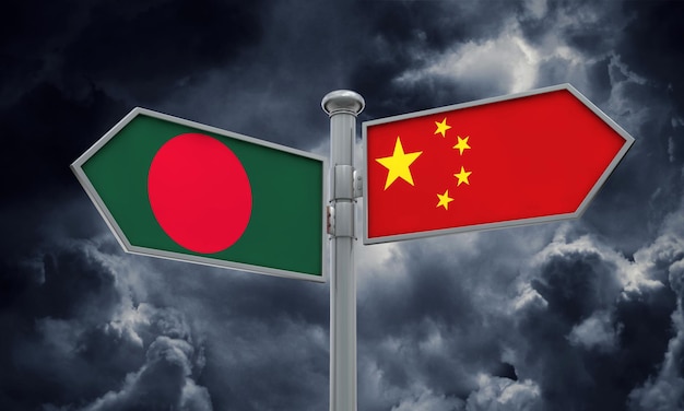 Signo de bandera de China y Bangladesh moviéndose en diferentes direcciones 3D Rendering