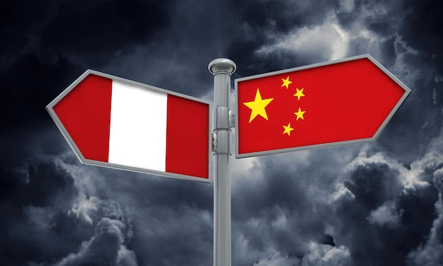 Signo de bandera de China y Perú moviéndose en diferentes direcciones 3D Rendering