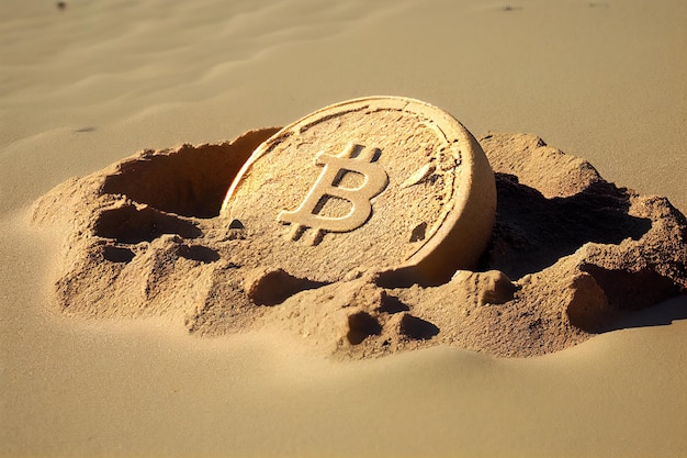 Signo de Bitcoin en la arena de la playa Concepto de criptomoneda IA generativa