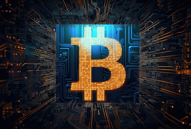 Signo de Bitcoin frente al circuito de la computadora