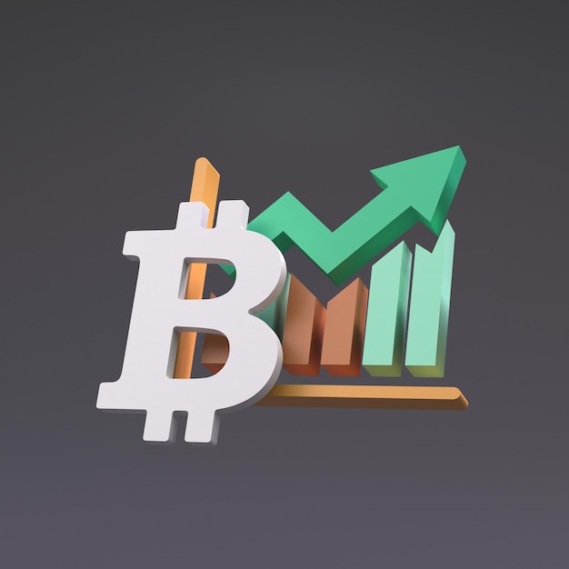 Signo de bitcoin y gráfico de crecimiento 3d renderizar ilustración