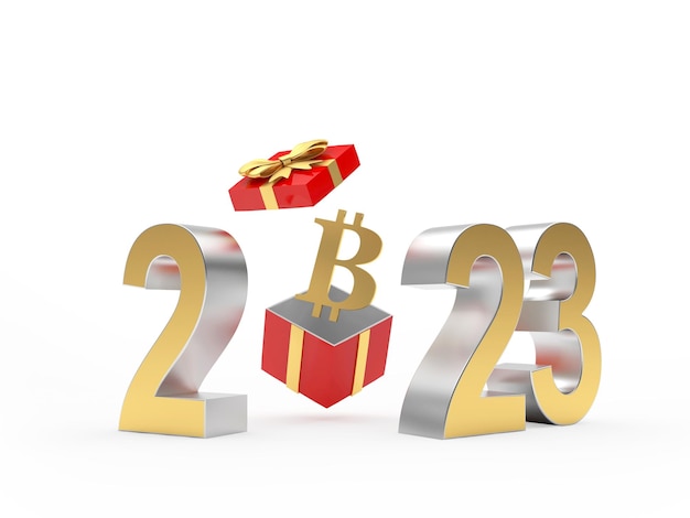 Signo de Bitcoin sale volando de una caja de regalo con el número de año nuevo