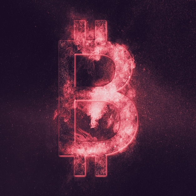 Signo de Bitcoin. Símbolo de Bitcoin. Símbolo de moneda criptográfica. Símbolo de moneda monetaria. Fondo abstracto del cielo nocturno.