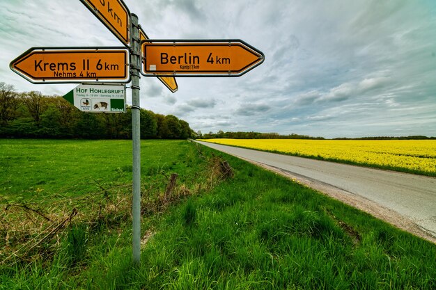 Signo de carretera en el campo contra el cielo