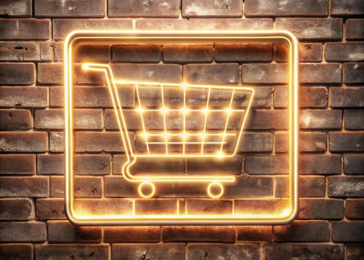 Foto signo de carrito de compras de neón con fondo de pared de ladrillo para la venta