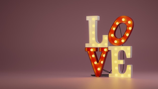 Signo de carta de amor de luz de marquesina. Ilustración 3D.