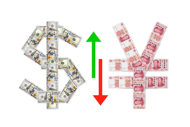 Foto el signo cny y usd hecho de dólares y yuan yuan es la moneda de la china