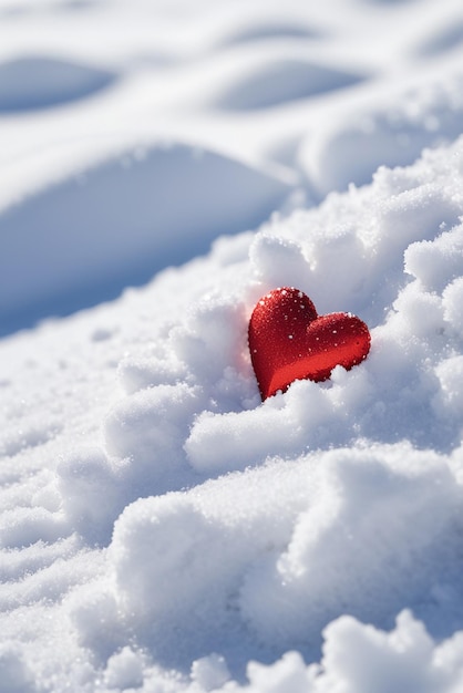 signo de corazón rojo brillando sobre nieve blanca con fondo borroso ilustración del día de San Valentín