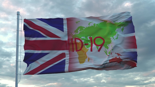 Signo de Covid-19 en la bandera nacional del Reino Unido. Concepto de coronavirus. Representación 3D.
