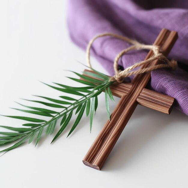 Un signo de crucifijo de cruz cristiana de madera con hojas de palma verdes como fiesta religiosa evento del domingo de palma