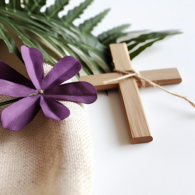 Foto un signo de crucifijo de cruz cristiana de madera con hojas de palma verdes como fiesta religiosa evento del domingo de palma