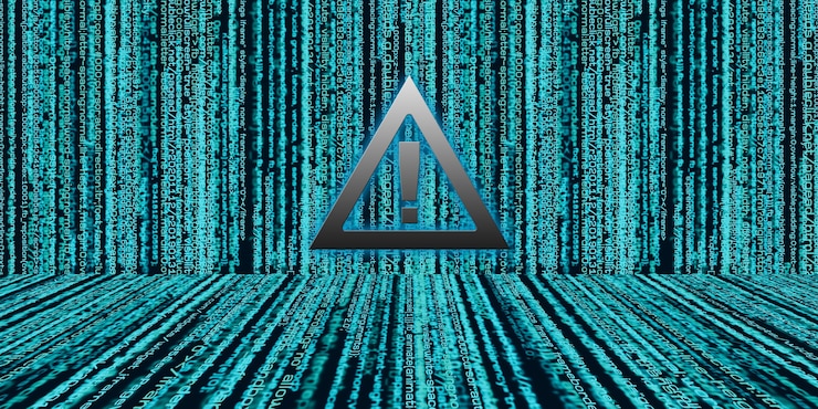 Foto signo cuidadoso signo de exclamación mostrar un código binario contraseña violación de datos condiciones de seguridad de la información concepto de seguridad cibernética ilustración 3d