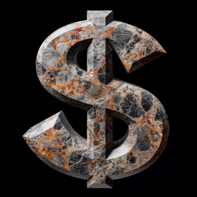 Signo de dólar de pedra de quartzo isolado em fundo preto