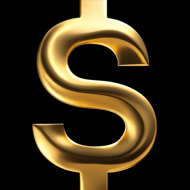 Foto signo de dólar dourado 3d em fundo preto