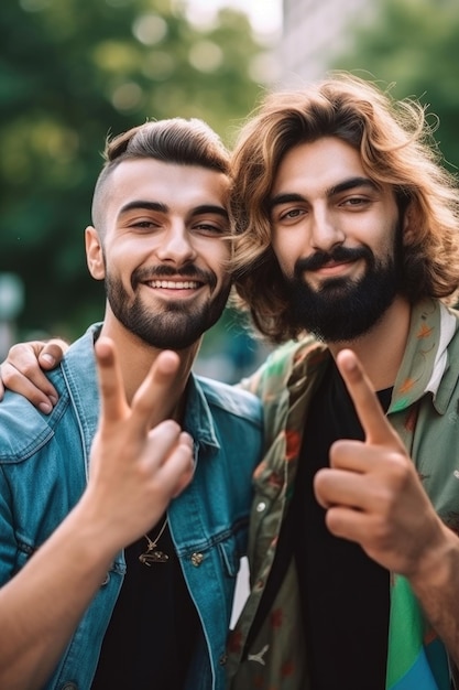 Foto signo de paz gay e casal na cidade para igualdade protesto casamento ou orgulho em casa