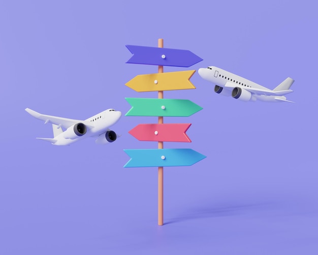 Signo de dirección de carretera con avión en fondo púrpura Vacaciones verano señal de señalización Viajes aéreos Encrucijadas señalización señalización Concepto de viaje 3d renderización de ilustración icono de dibujos animados mínimo