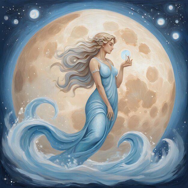 signo do zodíaco Aquário uma pintura de uma mulher com a lua no fundo