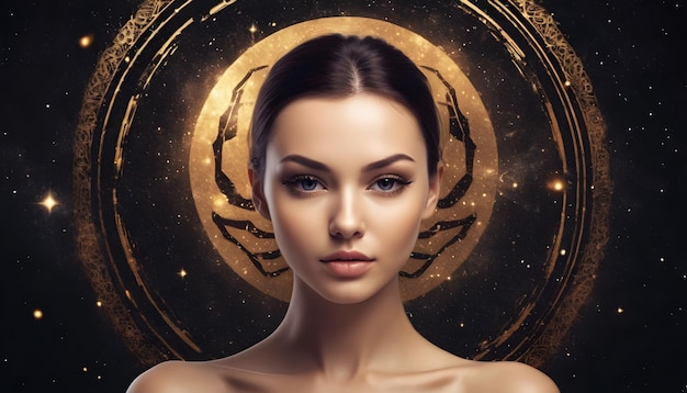 Signo do zodíaco Câncer mulher bonita universo fundo dourado e preto