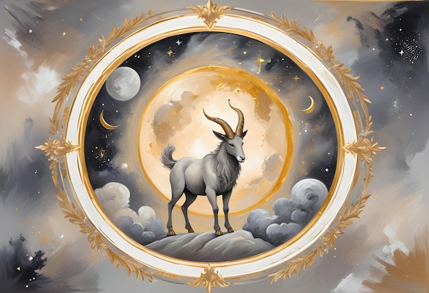 Foto signo do zodíaco de capricórnio uma imagem de uma cabra com uma lua e estrelas no céu