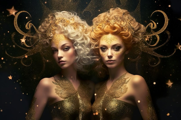 Signo do zodíaco de Gêmeos como fantasia feminina IA geradora de imagem feminina dourada