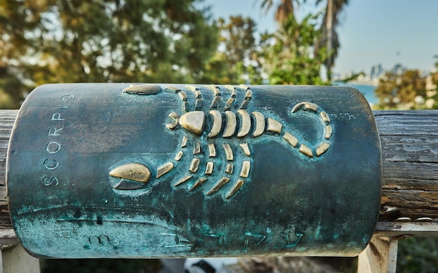Signo do zodíaco escorpião na ponte dos desejos na antiga inscrição hebraica de Jaffa Escorpião
