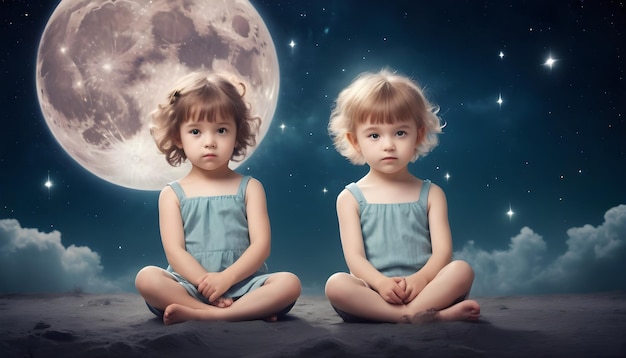 Foto signo do zodíaco gêmeos duas crianças bonitas fundo do universo
