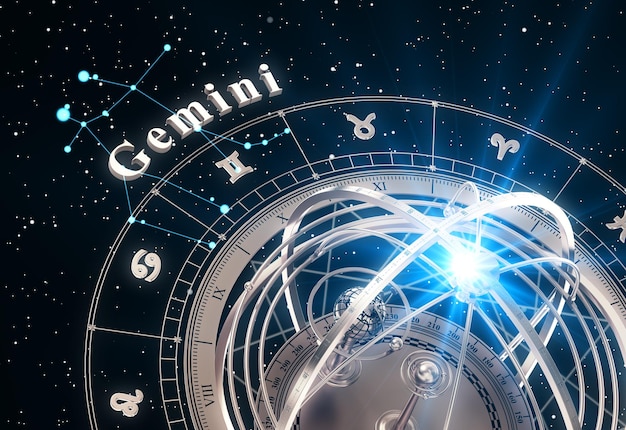 Signo do zodíaco Gêmeos e esfera armilar em fundo preto
