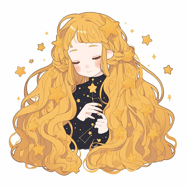 SIGNO DO ZODIACO Virgem Uma menina de cabelo longo está cercada por muitas estrelas ela está orando e olhando para as estrelas