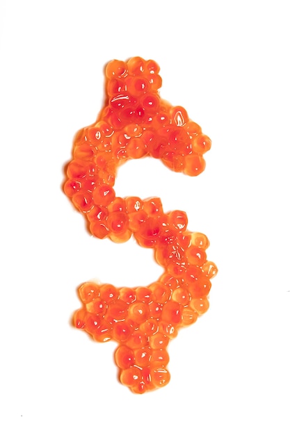 Signo de dólar de caviar rojo sobre un fondo blanco.