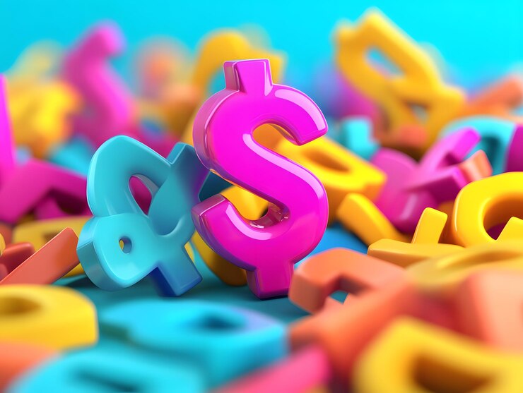 Foto signo de dólar colorido entre letras vibrantes que simbolizan la riqueza financiera y la creatividad en un arreglo artístico lúdico