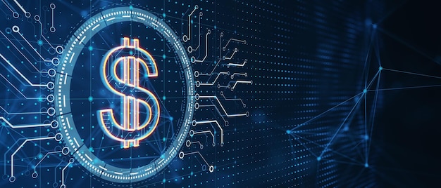 Signo de dólar digital en un fondo de circuito futurista Tecnología financiera y concepto de comercio electrónico Renderización en 3D