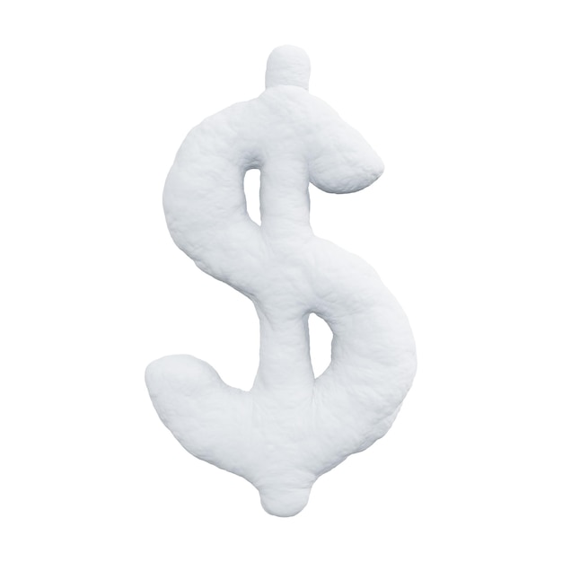 Signo de dólar estadounidense hecho de nieve Fuente de invierno sobre un fondo blanco Render 3D realista