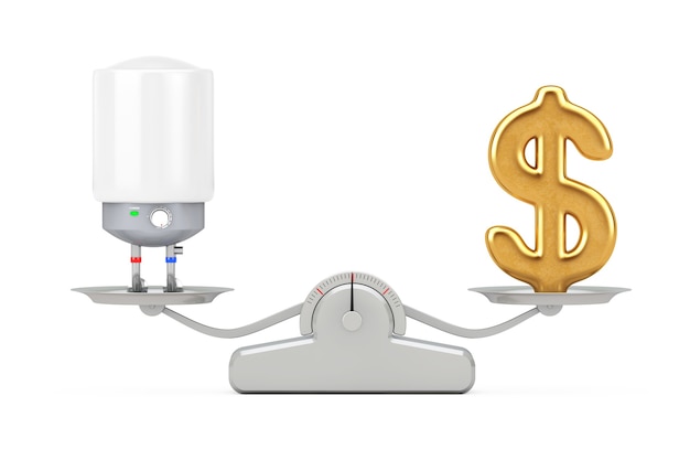 Signo de dólar de oro con el moderno calentador de agua automático equilibrado en una escala de ponderación simple sobre un fondo blanco. Representación 3D