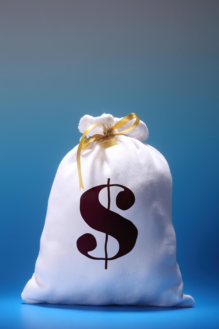 Foto signo de dólar en un saco contra un fondo azul