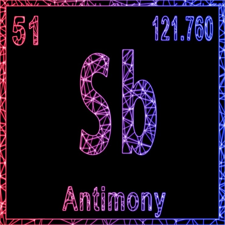 Foto signo de elemento químico de antimonio con número atómico y peso atómico