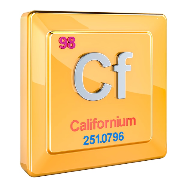 El signo del elemento químico californio Cf con el número 98 en la tabla periódica renderización 3D