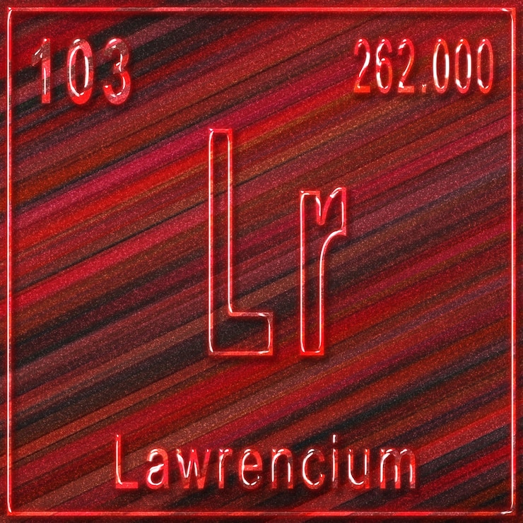 Foto signo de elemento químico de laurencio con número atómico y peso atómico
