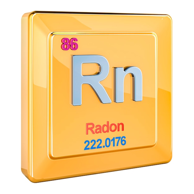 El signo del elemento químico radón Rn con el número 86 en la tabla periódica renderización 3D