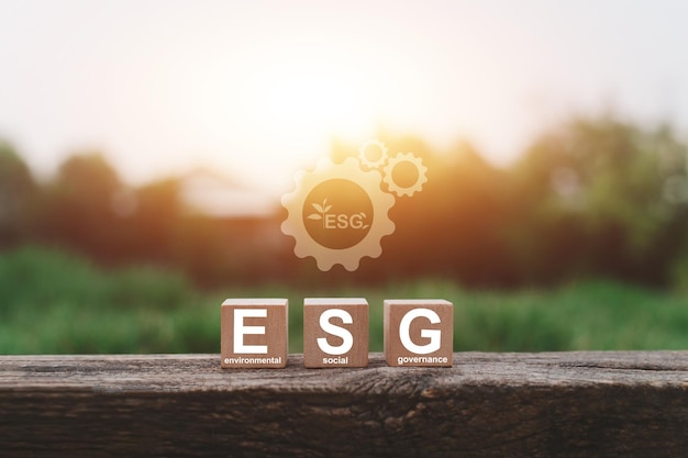 Signo ESG en cubo de madera para el concepto ESG Gobernanza social ambiental y desarrollo organizacional sostenible