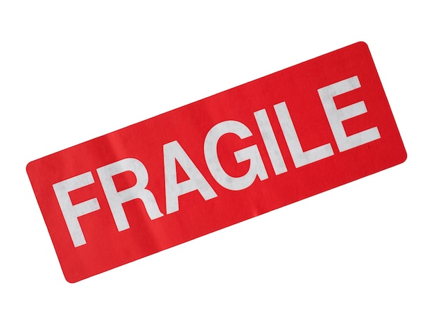 Foto signo de etiqueta de signo frágil aislado sobre blanco