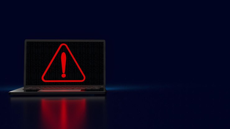 Foto el signo de exclamación rojo en el portátil para el concepto de tecnología de advertencia representación 3d
