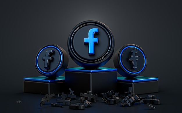 Signo de facebook representación 3d aspecto abstracto fondo icónico realista oscuro con un escenario de podio