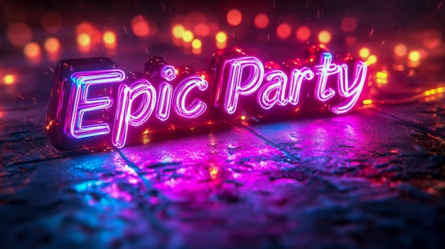 Signo de fiesta épico de neón en superficie húmeda con luces bokeh por la noche