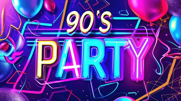 Foto signo de fiesta de neón púrpura vibrante de los años 90 en estilo retro con fondo maximalista brillante