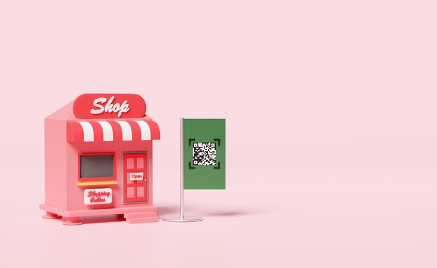 Signo frontal de la tienda con escaneo de código QR aislado en fondo rosa concepto de compras en línea ilustración 3D renderización 3D