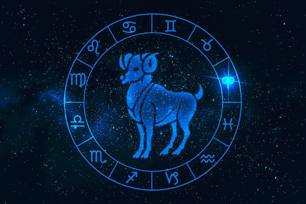 Foto signo del horóscopo de aries en doce zodiaco con gráfico de fondo de estrellas de la galaxia del pensamiento del hombre del polígono